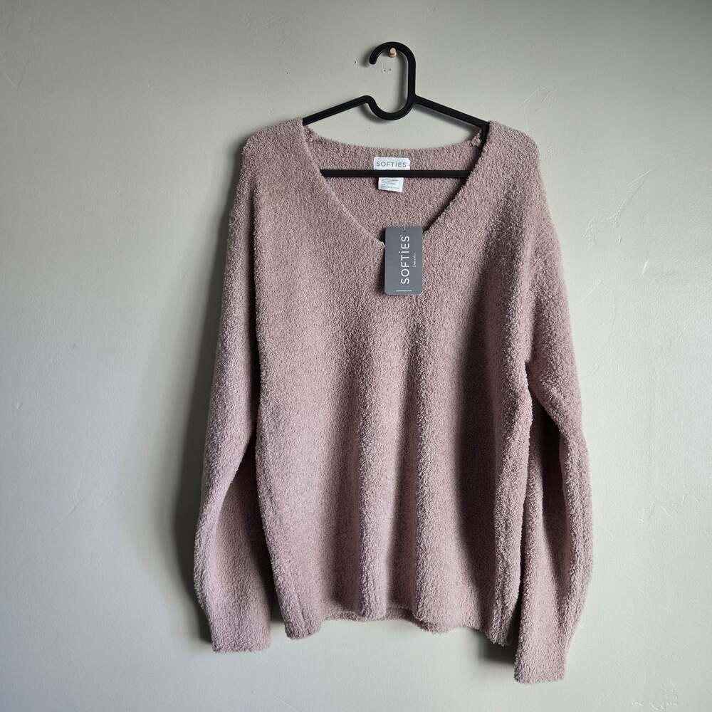 NWT Softies Marshmallow V-Neck Pullover Lounge Sweater Coco Brown Cozy Wear SZ S